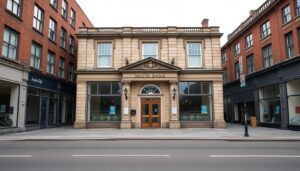 Provincial bank building with a classical stone facade