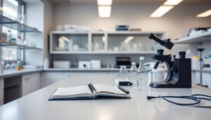 Laboratory bench with glassware and precision instruments