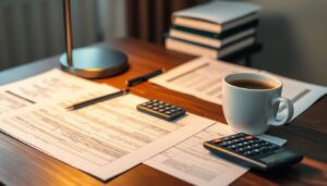 Spreadsheet pages and a calculator on a desk
