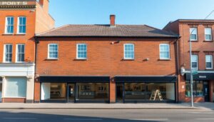 Provincial commercial building with shops below and offices above
