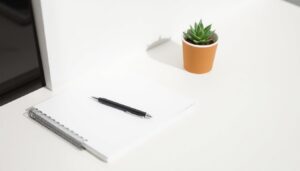 Notebook, pen and coffee on a clean desk
