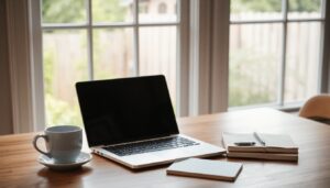 Laptop on a kitchen table beside a window