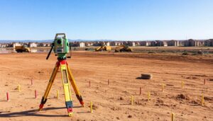 Surveying tripod and marker pegs on development land