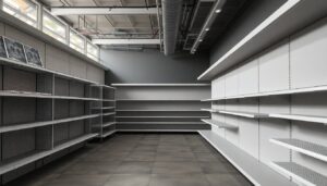 Retail interior with sparse stock on shelving