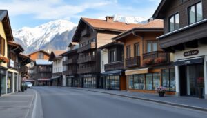 Alpine tourist town main street closed in the off season
