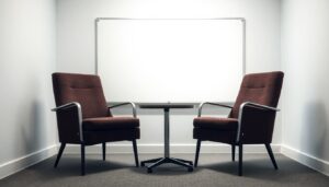 Two empty chairs facing each other in a bright office