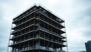 Building under construction with scaffolding and steel framing