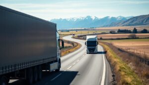 Freight trucks on a New Zealand state highway through farmland
