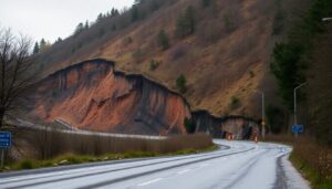 Rural highway damaged by a slip with road cones in place