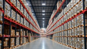 Long warehouse aisle with high racking and pallets