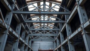 Steel bracing installed inside a building during seismic strengthening