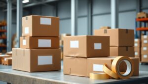 Stacked shipping cartons and packing tape on a bench