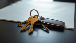 Two keys on a leather keyring resting on a document folder