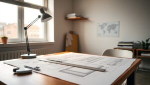 Drafting table with technical drawings and a scale rule