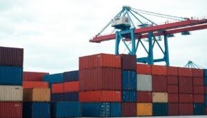 Stacked shipping containers at a port terminal