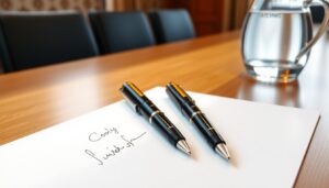 Two fountain pens on a document at a boardroom table