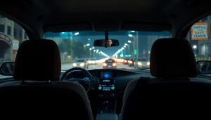 Empty car interior at night viewed from the rear seat