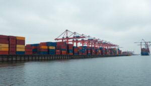 Empty container terminal berth with idle cranes