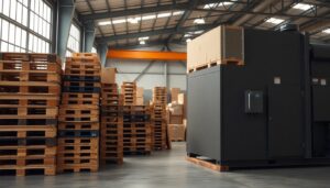 Pallets and cartons beside a baler in a warehouse