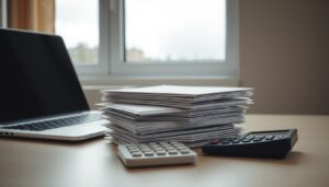 Unopened envelopes and a calculator on a desk
