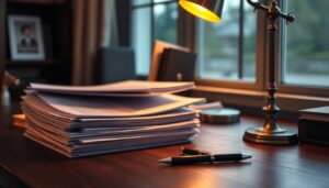 Printed reports and a pen on a desk under lamp light