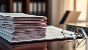 Contract documents and reading glasses on a desk