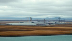 Coastal aluminium smelter complex with transmission pylons