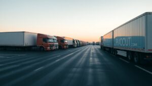 Freight trucks parked in a depot yard at dawn