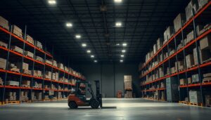 Warehouse racking and forklift at night