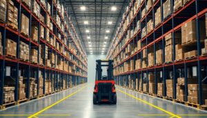 Warehouse aisle with pallet racking and a parked forklift