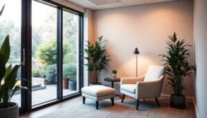 Quiet office breakout area with an armchair and plants