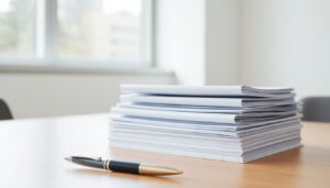 Bound proposal documents on a boardroom table