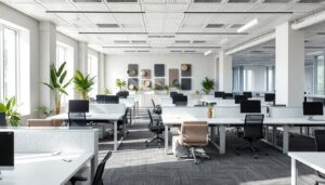 Open plan office with desks, soft seating and plants