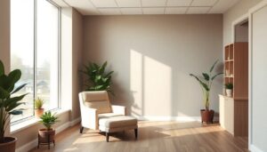 Quiet office corner with an armchair, plants and natural light