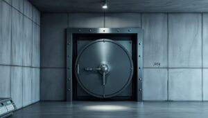Heavy steel vault door standing ajar