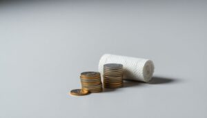 Stacked coins beside a rolled bandage
