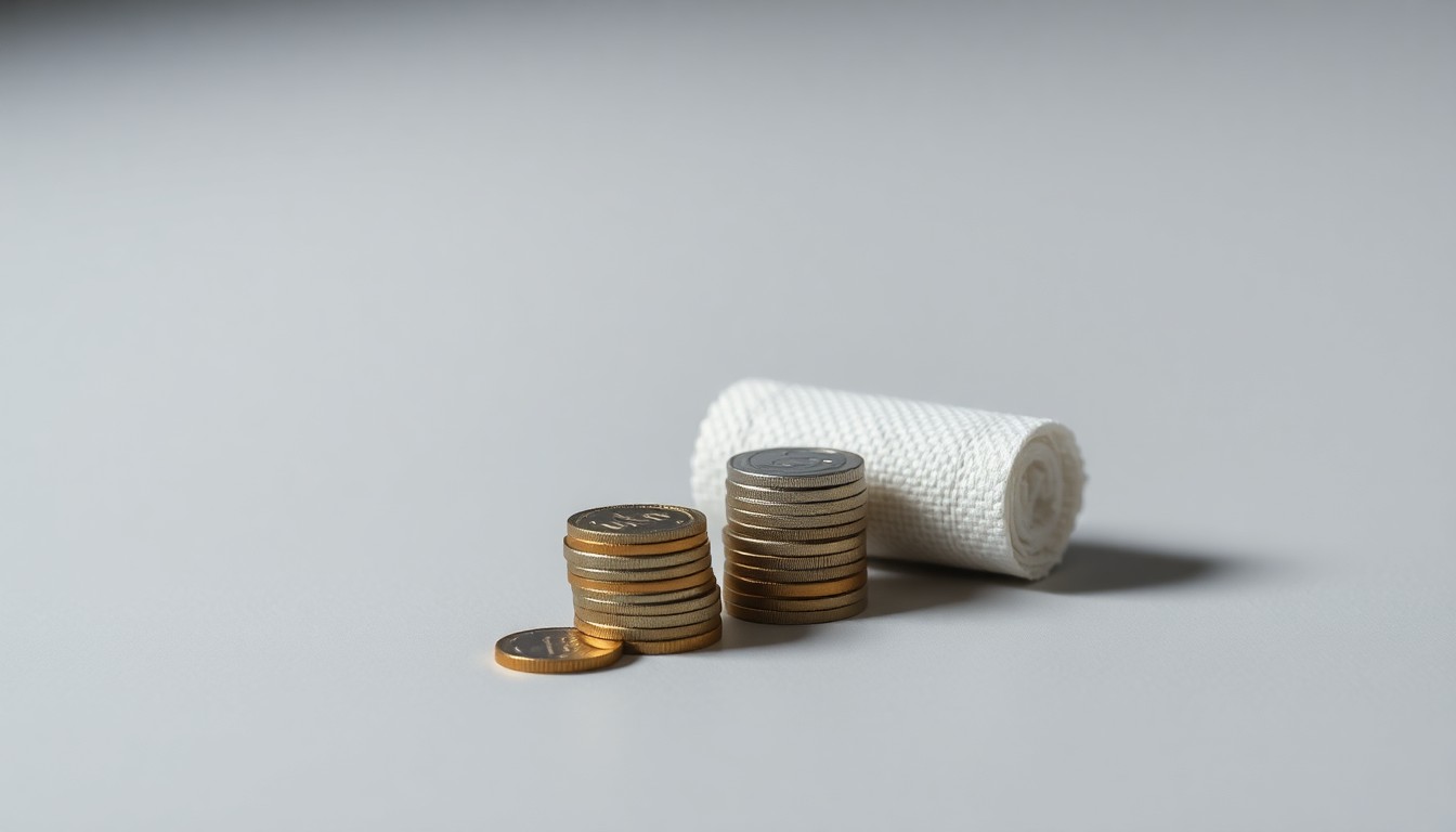 Stacked coins beside a rolled bandage