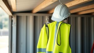 High visibility vest and hard hat in a site shed