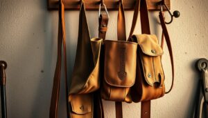 Worn and new tool belts on a workshop hook