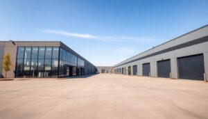 Low rise office and industrial buildings beside a sealed yard