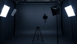 Film lighting stand and camera tripod in an empty studio