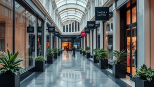 Retail arcade with glass shopfronts