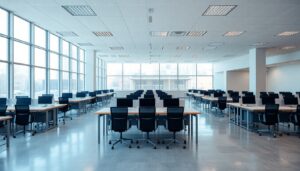 Empty office with rows of vacant desks