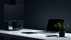 Laptop and monitor on a dark modern desk