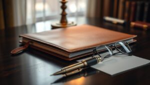 Document folder with pen and glasses on a desk