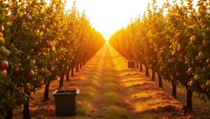 Orchard rows with empty picking bins