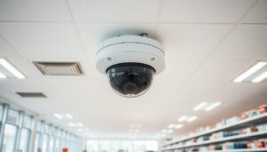 Security camera dome in an empty retail interior