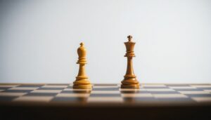 Two chess pieces facing each other on a board