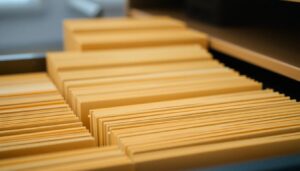 Blank folders in an open filing drawer
