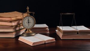 Brass balance scale beside closed ledgers